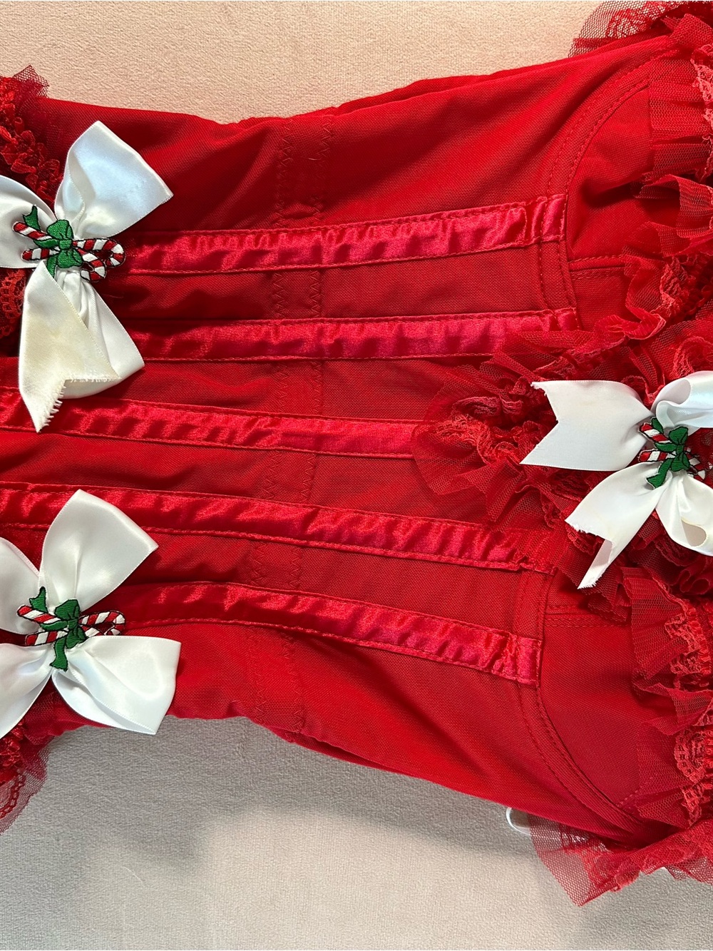 Red Satin Ribbon Holiday Bustier with White Bow Accents